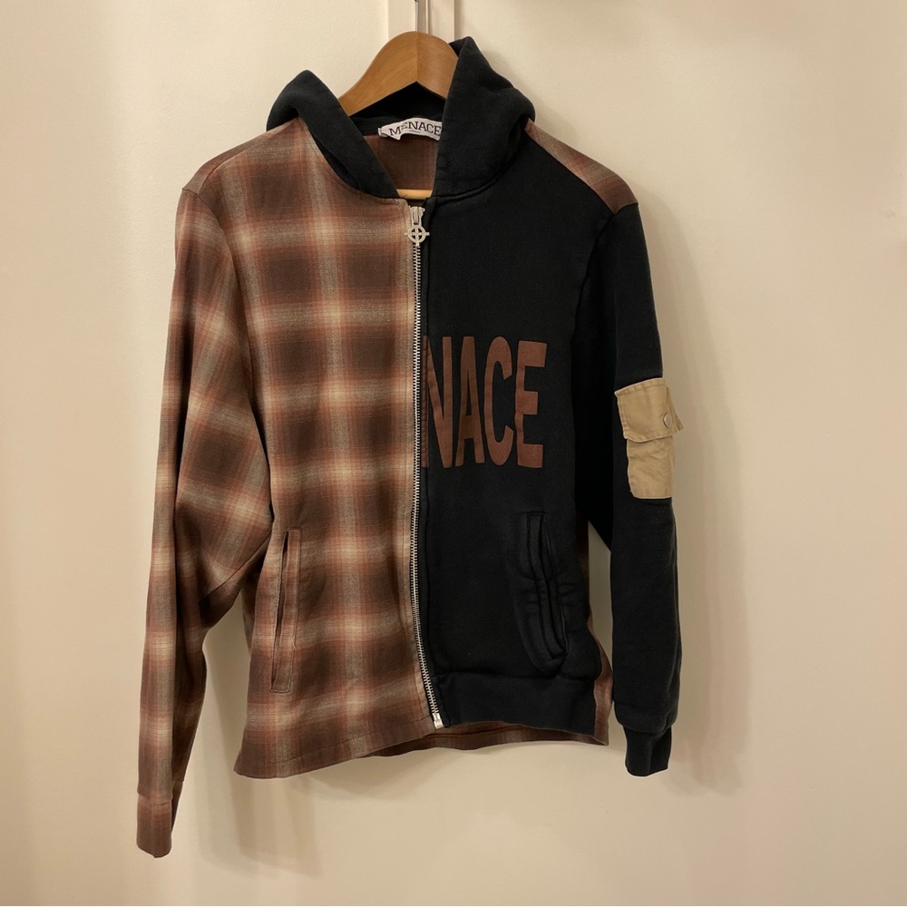 Menace Split plaid fleece Hoodie, Men’s M, rare